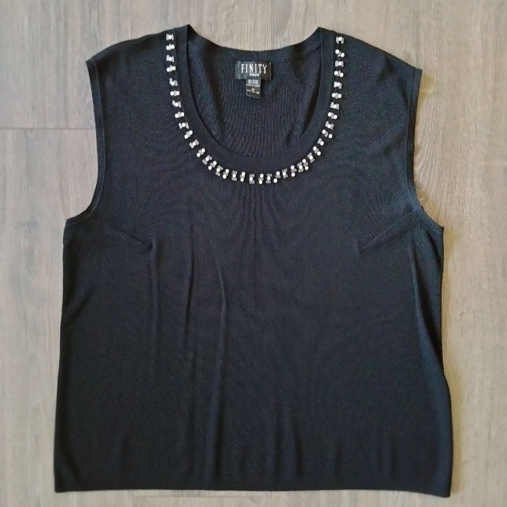 Finity Woman Black Embellished Beaded Sleeveless Woven Knit Tank Top Size 3X